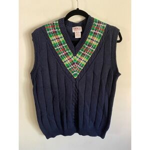 PBJ Sport Mens Vintage Navy Blue Plaid Trim V-Neck Cable Knit Sweater Vest L